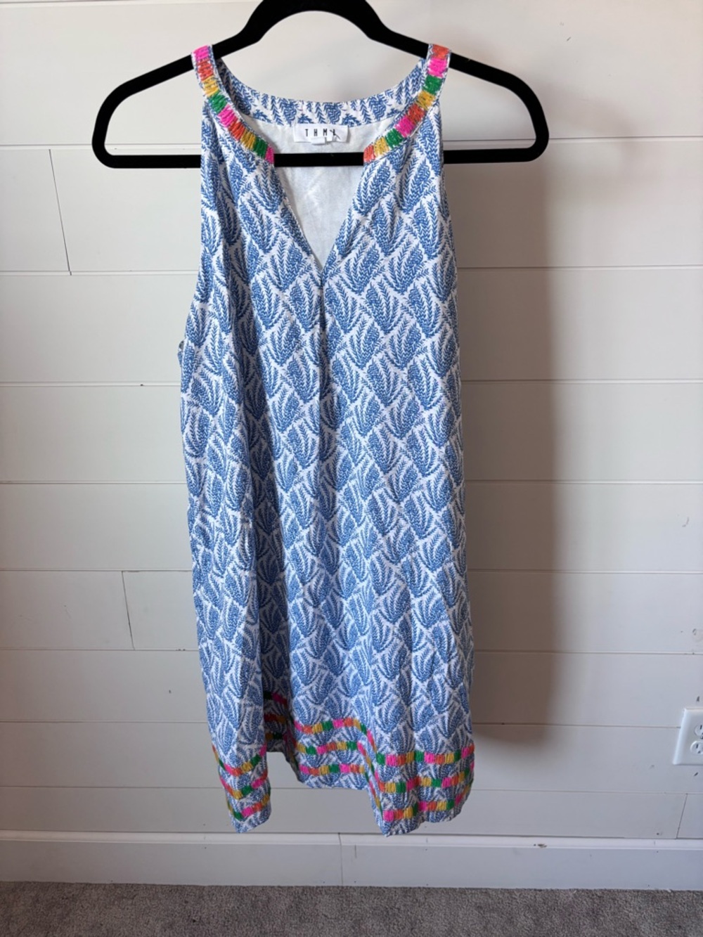 THML White Dress with Blue Leaf Print and Colorful Embroidered Trim